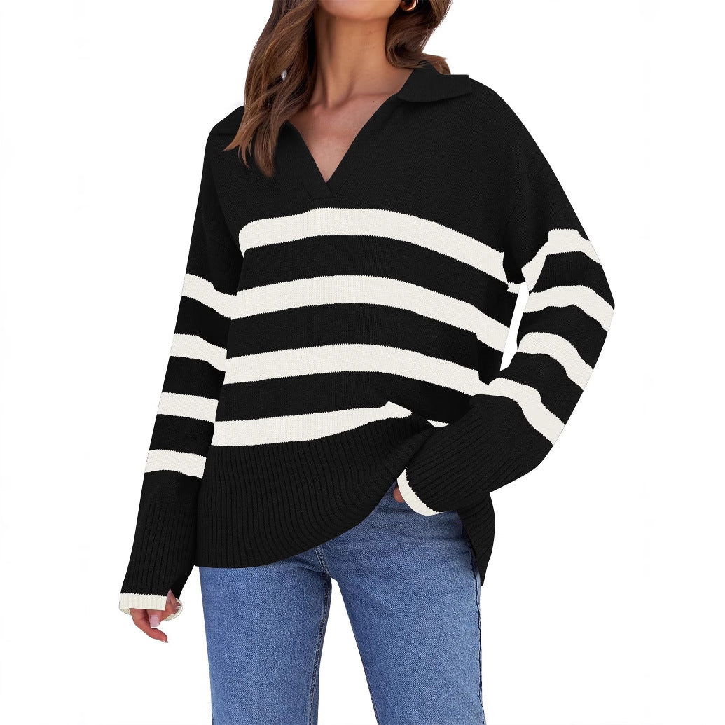 Women's Basic Loose Long Sleeve Outerwear Striped Polo Collar Sweater
