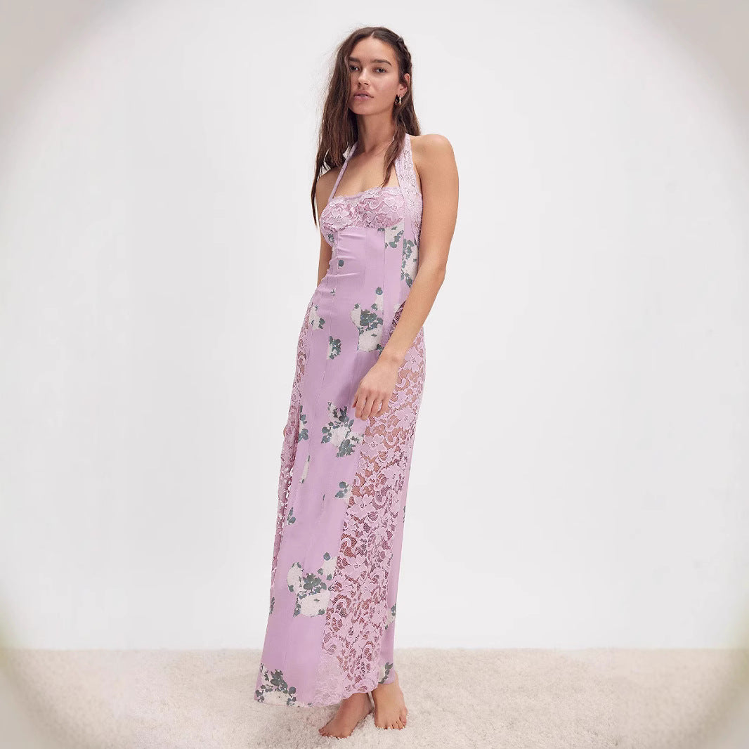 Women's Lace Backless Shoulder Strap Stitching Slit Dress
