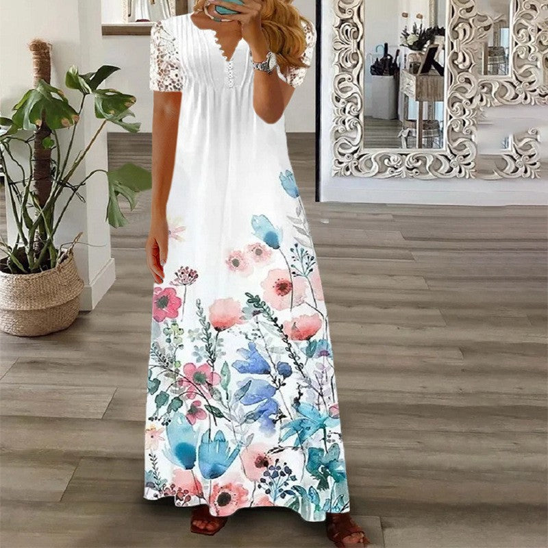 Creative Women's Fashion Short-sleeved Printed Lace Dress