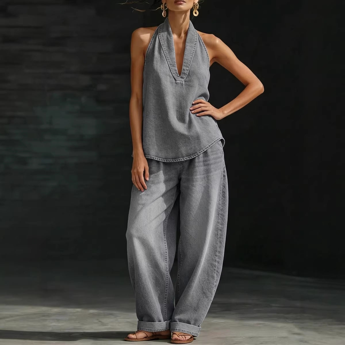Women's Autumn Lapel Retro Buckle Denim Wide Fashion Casual Suit