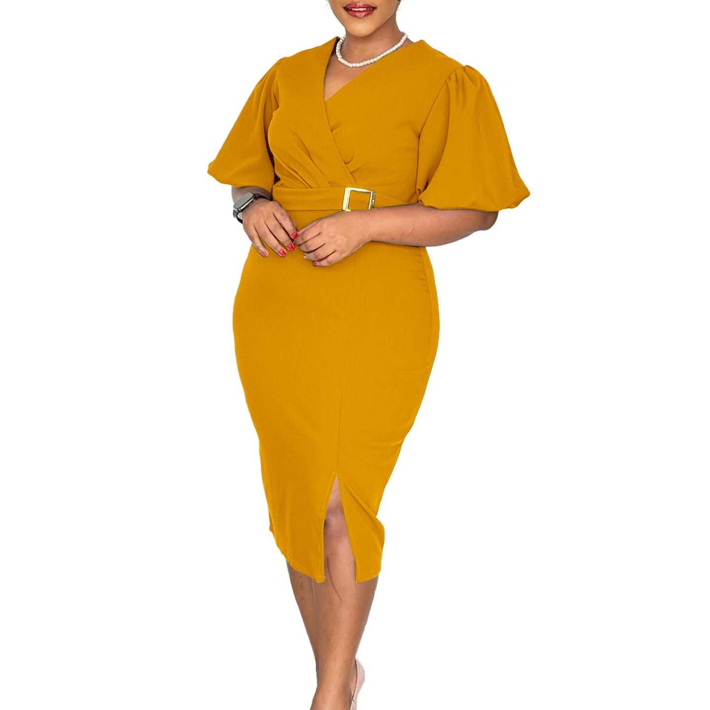 Women's Fashion Puff Sleeve Solid Color Waist Tight Split Hip Dress