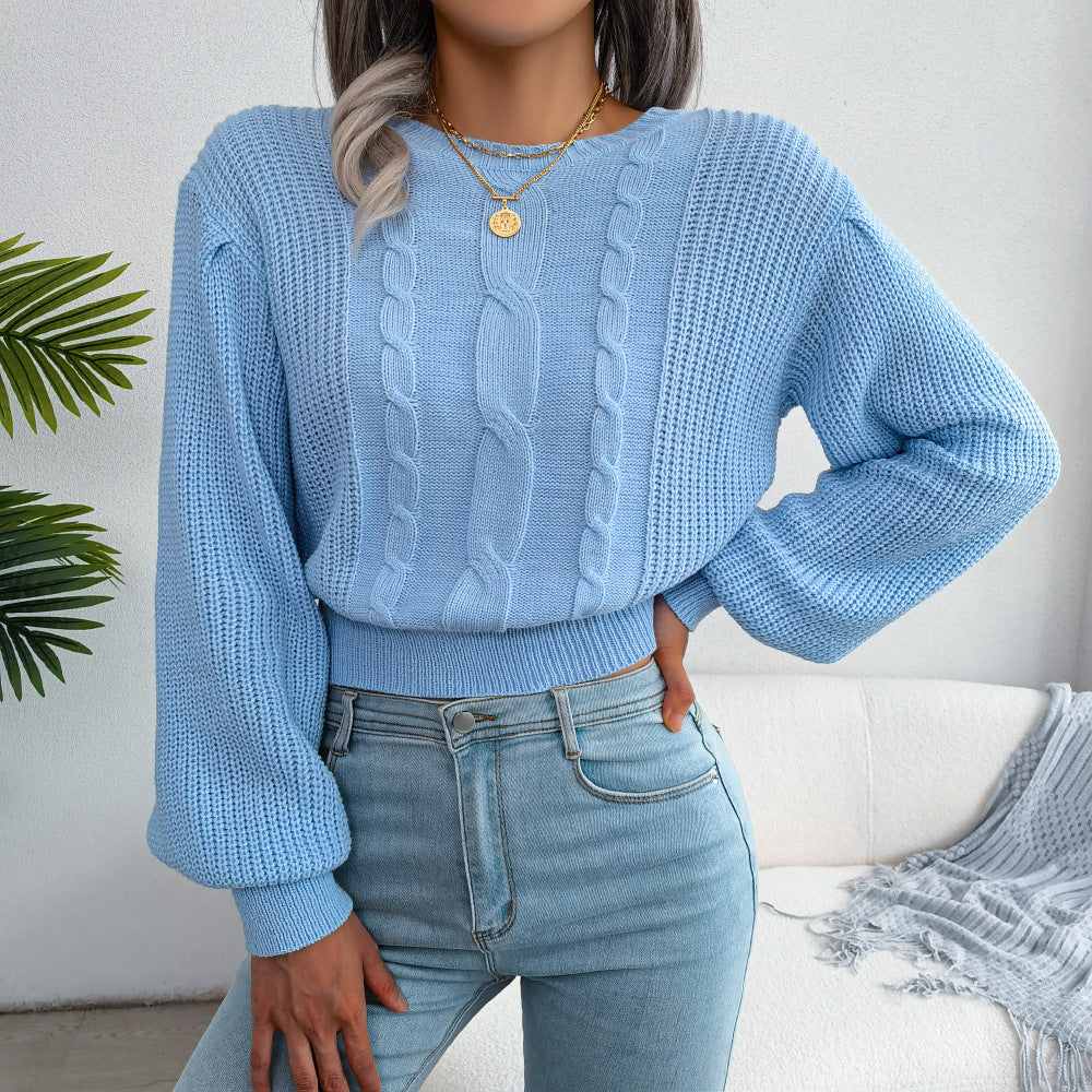 Women's Wind Casual Twist Lantern Sleeve Waist Trimming Sweater