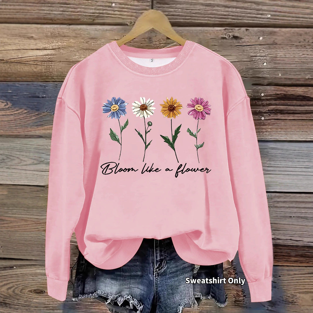 Women's Floral Graphic Print Crew Neck Casual Long Women's Sweater, Sweater