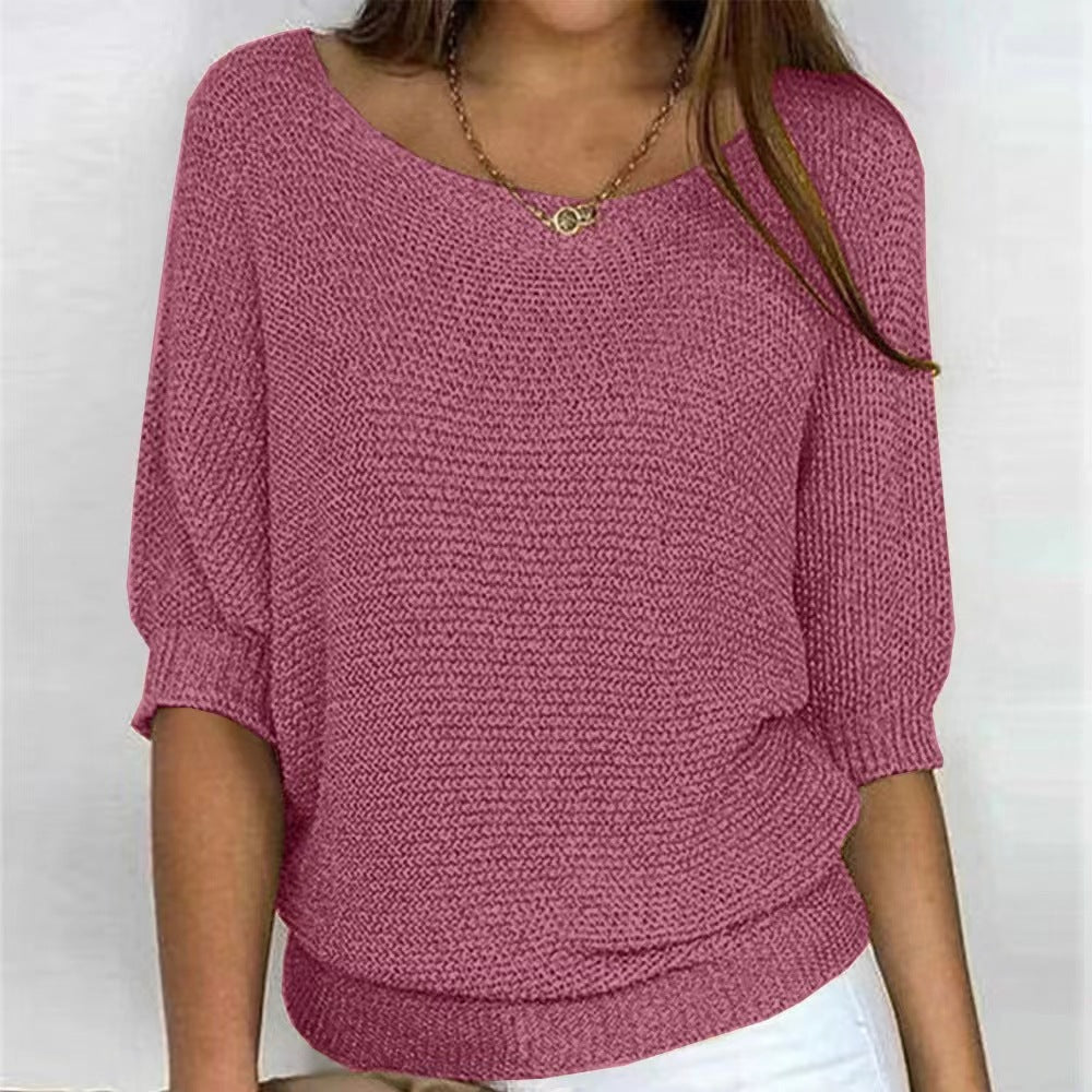 Women's Color Round Neck Commuter Elegant Cropped Sleeves For Air Conditioned Women's Sweater