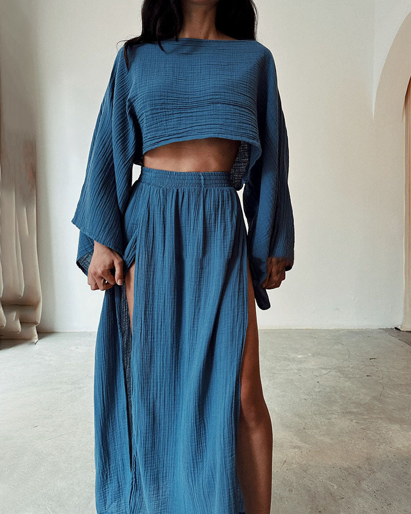 Blend High Waist Chic Slit Cotton Suits
