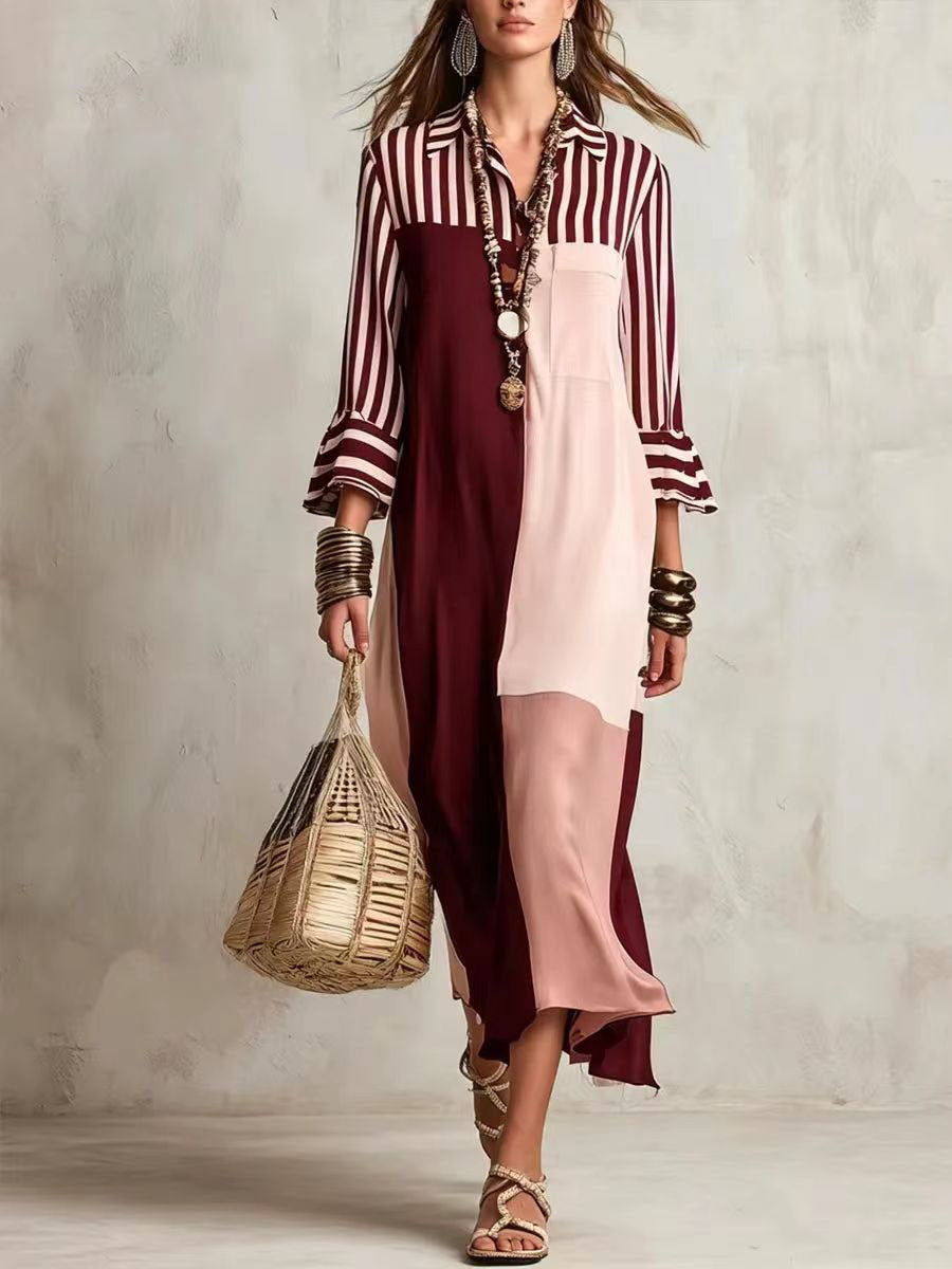 Fashion Elegant Graceful Striped Cropped Sleeve Dress