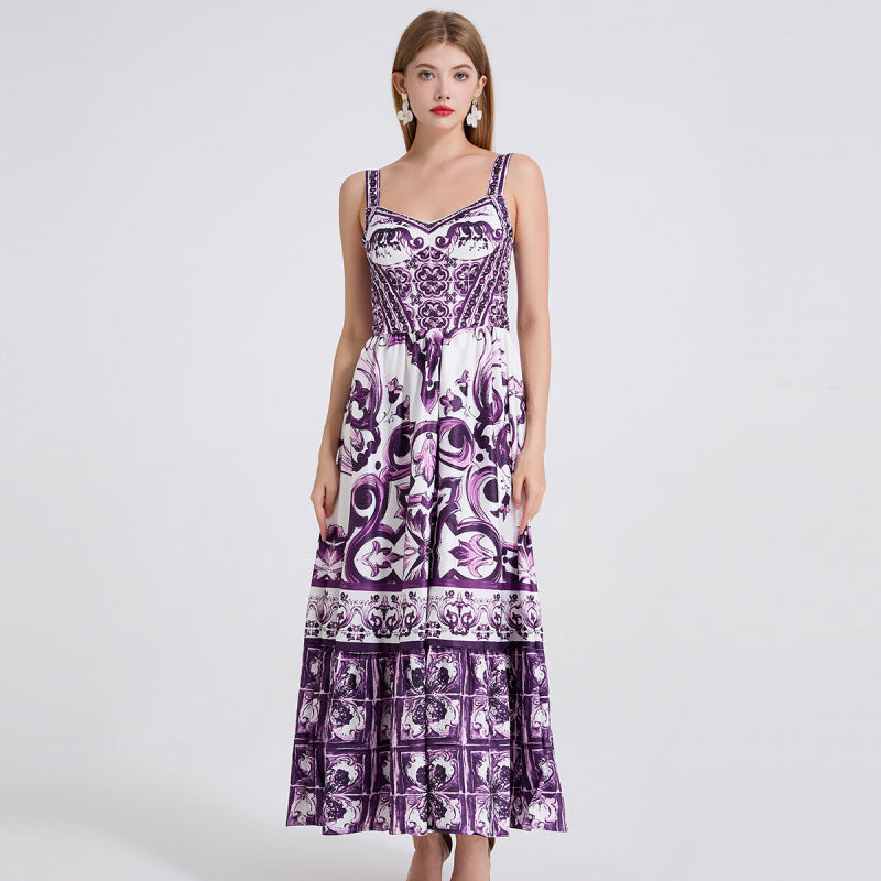 Positioning Printing Suspender Chest Pad Large Hem Long Dresses