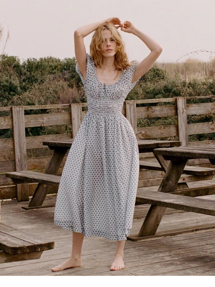 Women's Floral Square Collar Cotton Holiday Midi Dress Dresses