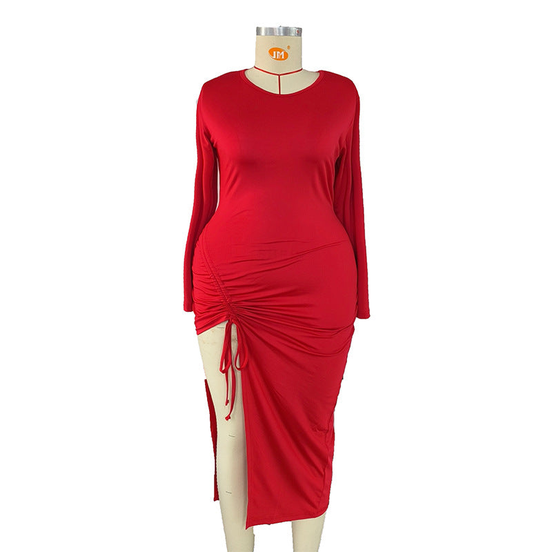 Women's Round Neck Long Sleeves Solid Color Dress