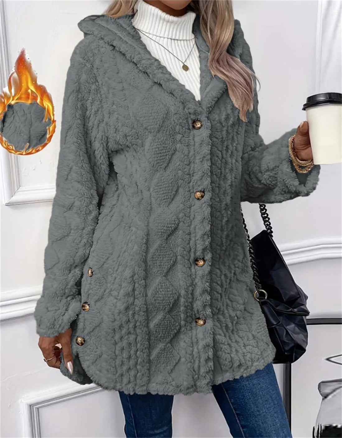 Women's Solid Color Single-breasted Plush Hoodie Fashion Jackets
