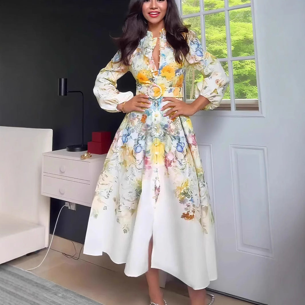 Women's Floral Dress Lantern Sleeve Slimming Retro Oil Painting Dresses