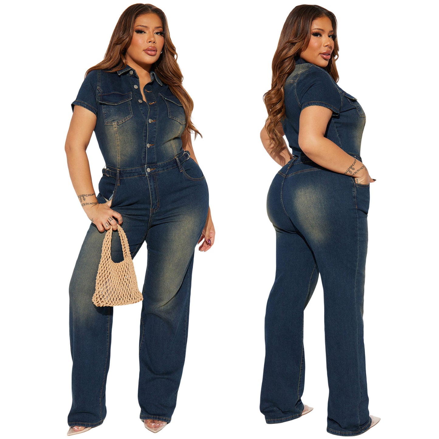 Tight Waist Slim Elastic Washed Denim Jumpsuits