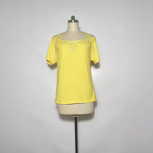 Women's Stitching Sleeve Lace Casual Loose-fitting T-shirt Shorts