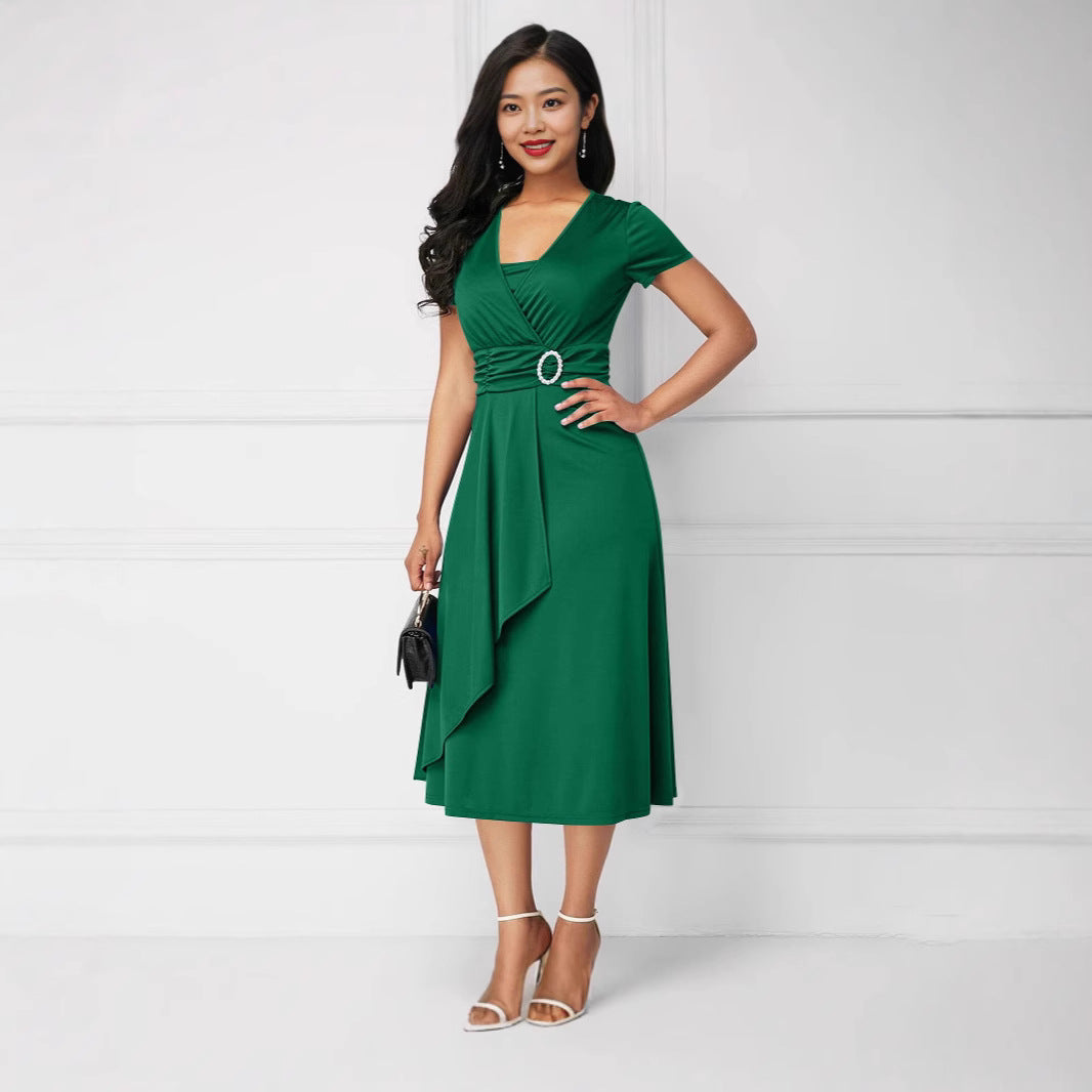 Women's Ladies Elegant Sexy Asymmetric Large Swing High Waist Mid-length Solid Dress