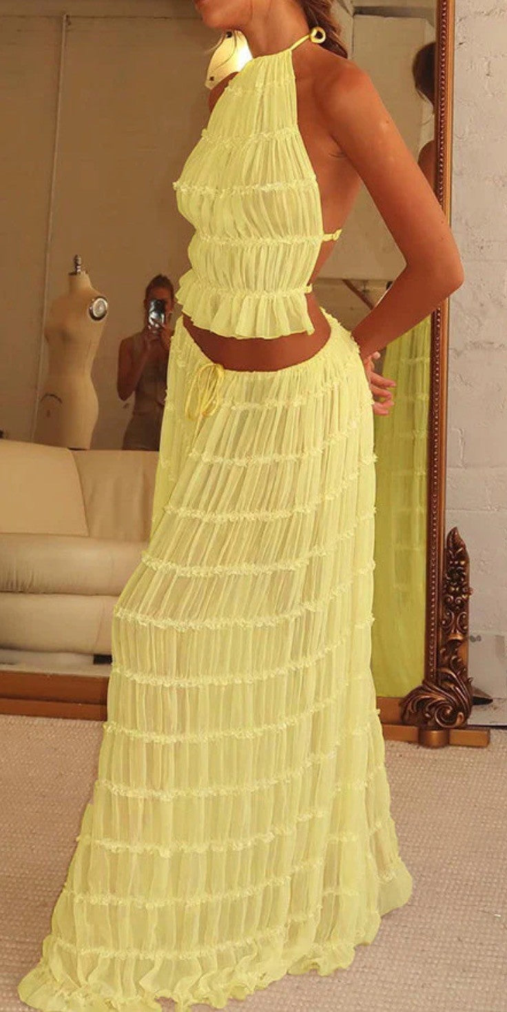 Summer Sexy Backless Halter Pleated Lace Suits