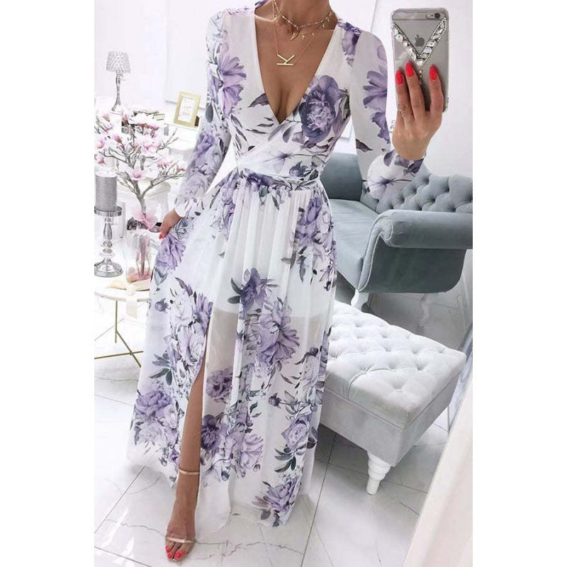 Women's Summer Long Sleeve Chiffon Printed Bohemian Dresses