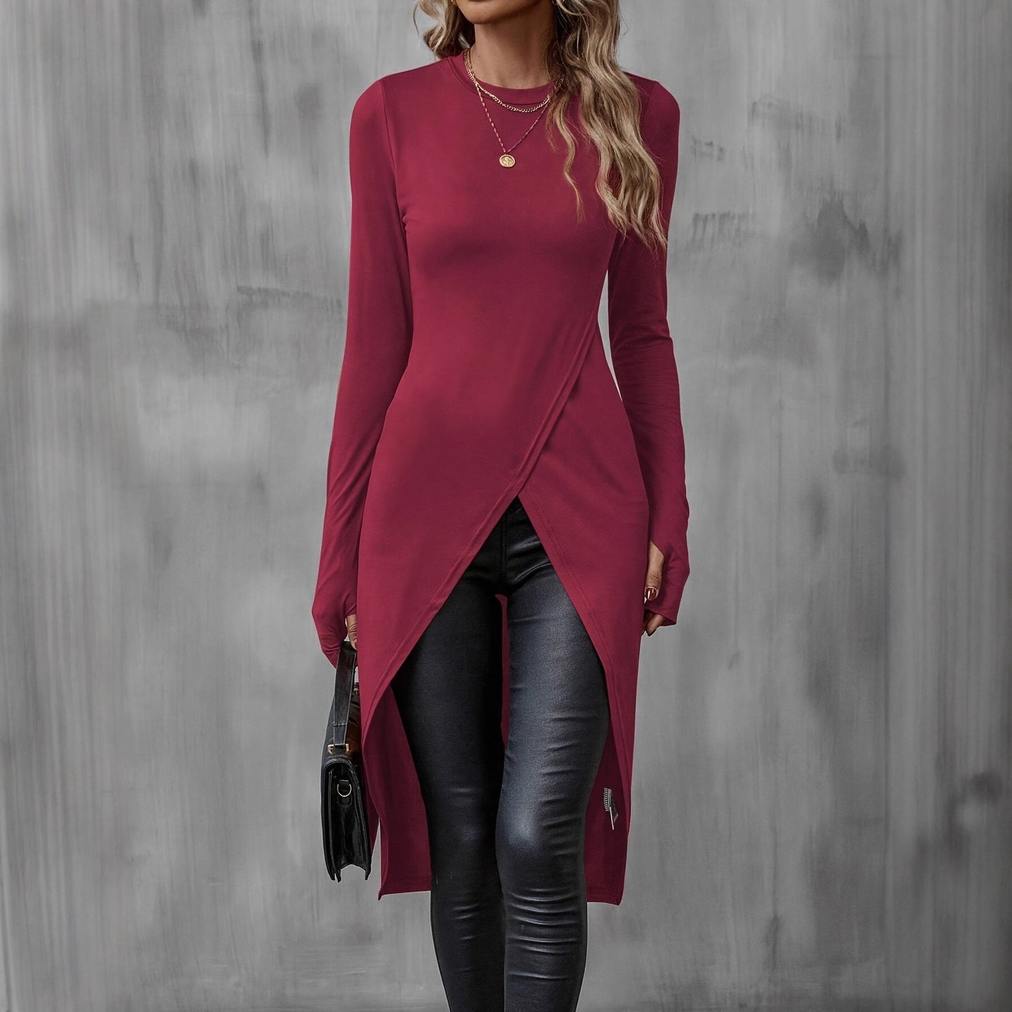Simplicity Solid Color Long Sleeve Split Mid-length Dress