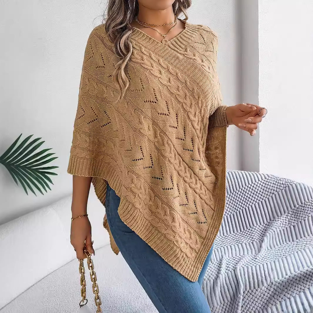 Women's Casual Solid Color Cable Loose-fitting Cloak Sweater