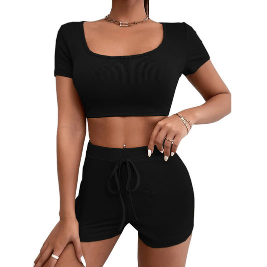 Women's Summer Solid Color Navel Square Collar Suits