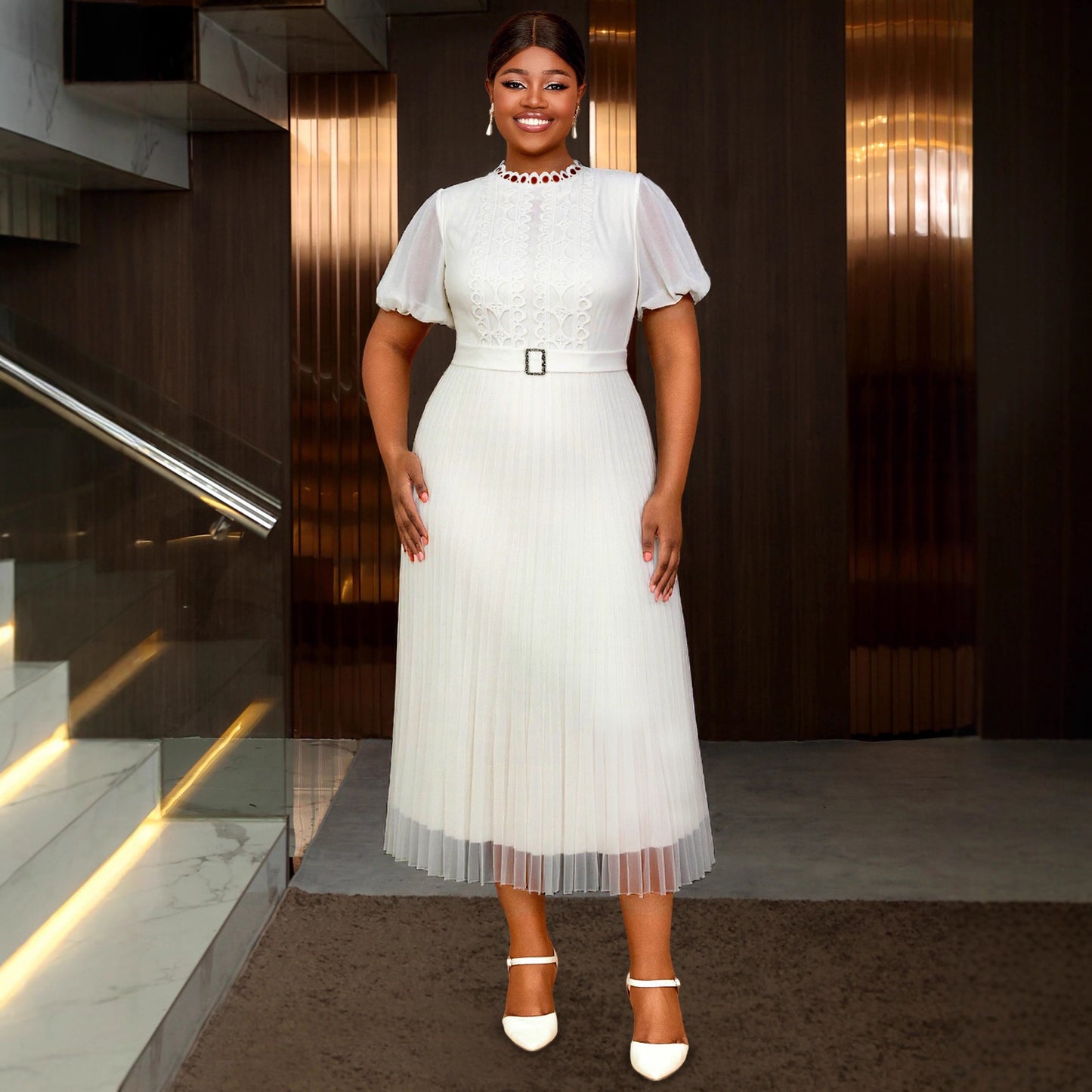 Women's Hollow Dress Puff Sleeve Rhinestone Buckle Pleated Dresses