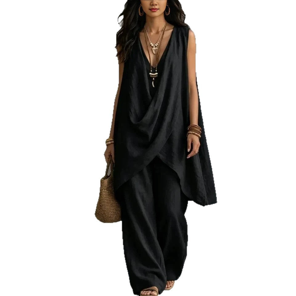 Women's Sleeveless Stand Collar Solid Color Loose Temperament Cotton Fashion Casual Suit