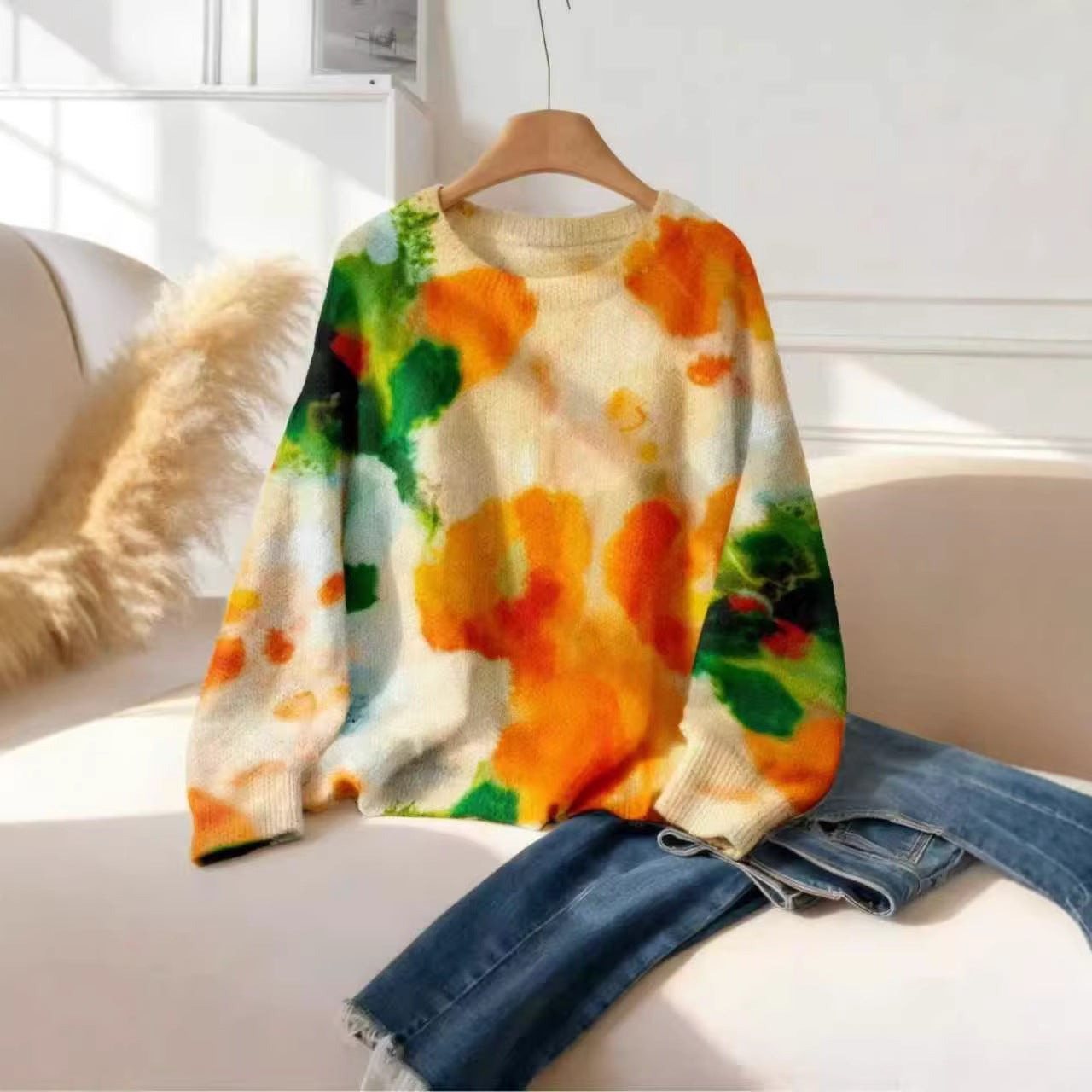 Women's Fashion Floral Print Casual Elegant Wear Match Round Neck Knitwear