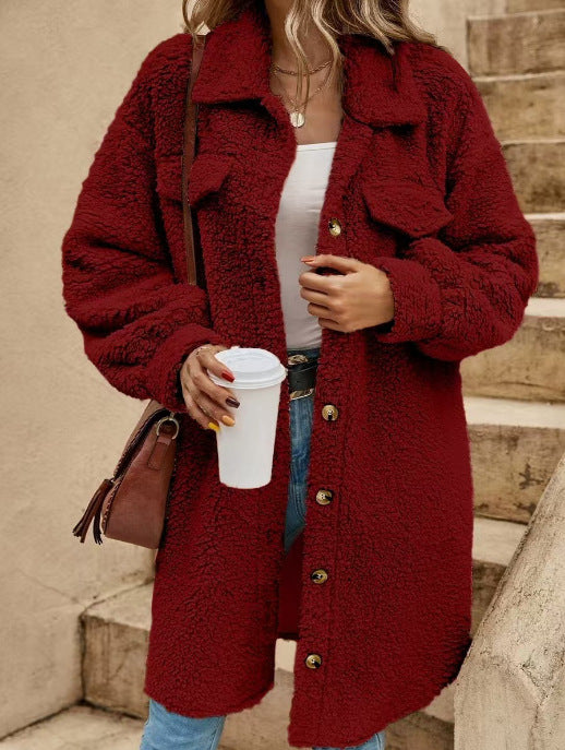 Women's Winter Buckle Lapel Plush Loose Temperament Coats