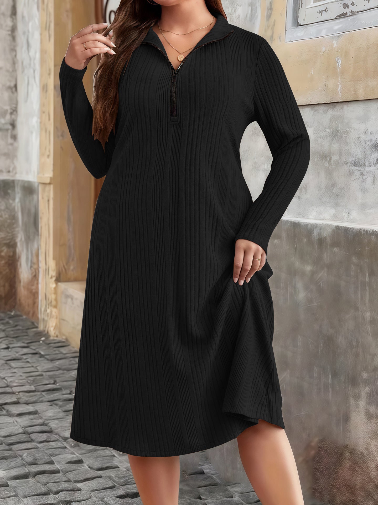 Women's Sunken Stripe Round Neck Zipper Plus Size