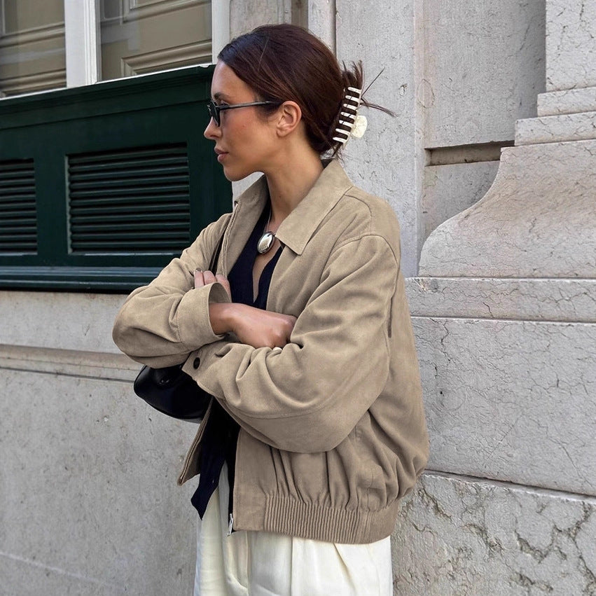 Women's Suede Winter Vintage Khaki Loose Lapels Jackets