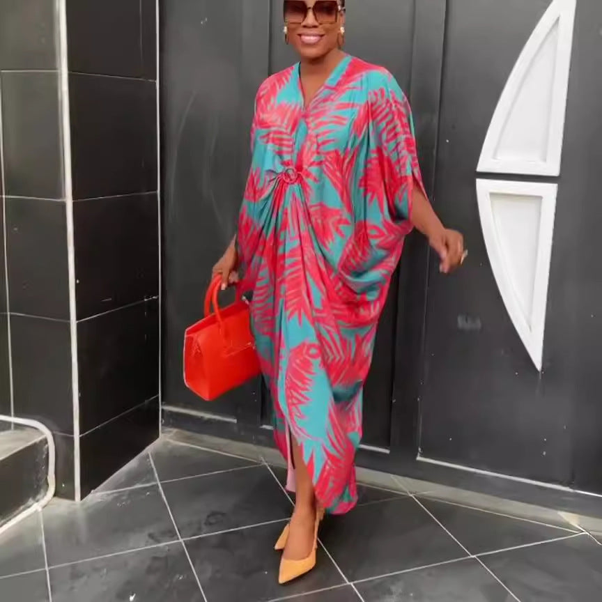 Women's Summer Printed Wide Loose Satin Sleeve Dresses