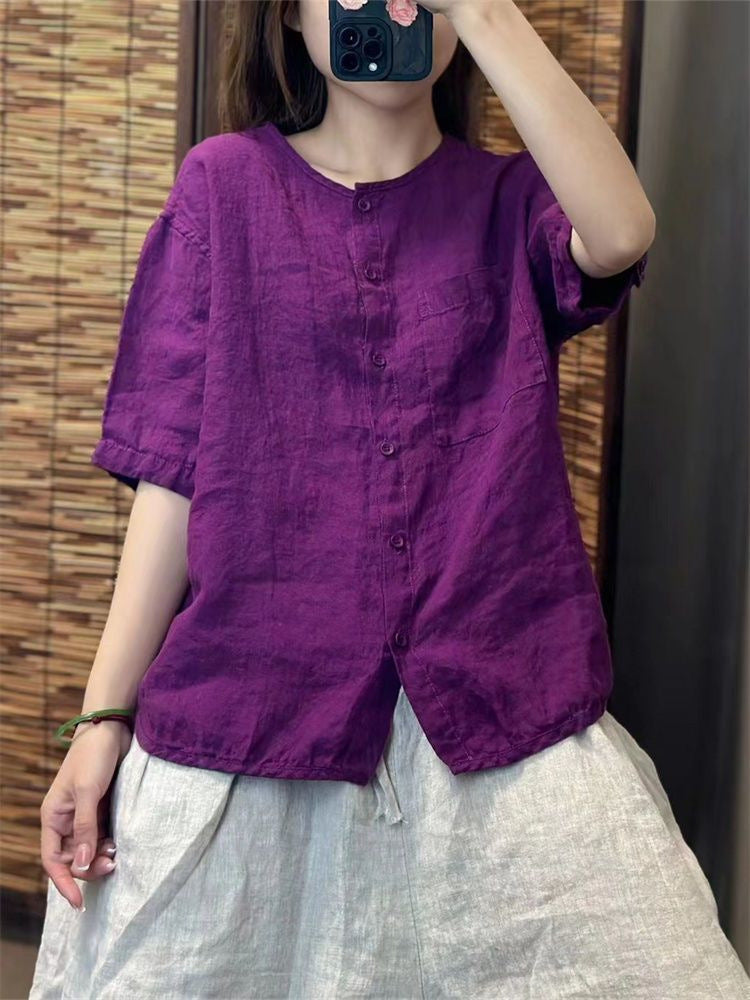 Women's Linen Sleeve Round Neck Shirt Summer Retro Art Loose-fitting Blouses