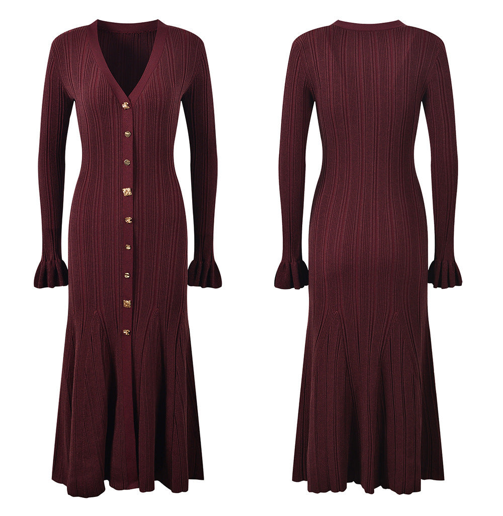 Women's French Style Long Gold Line Buckle Sleeve Dress
