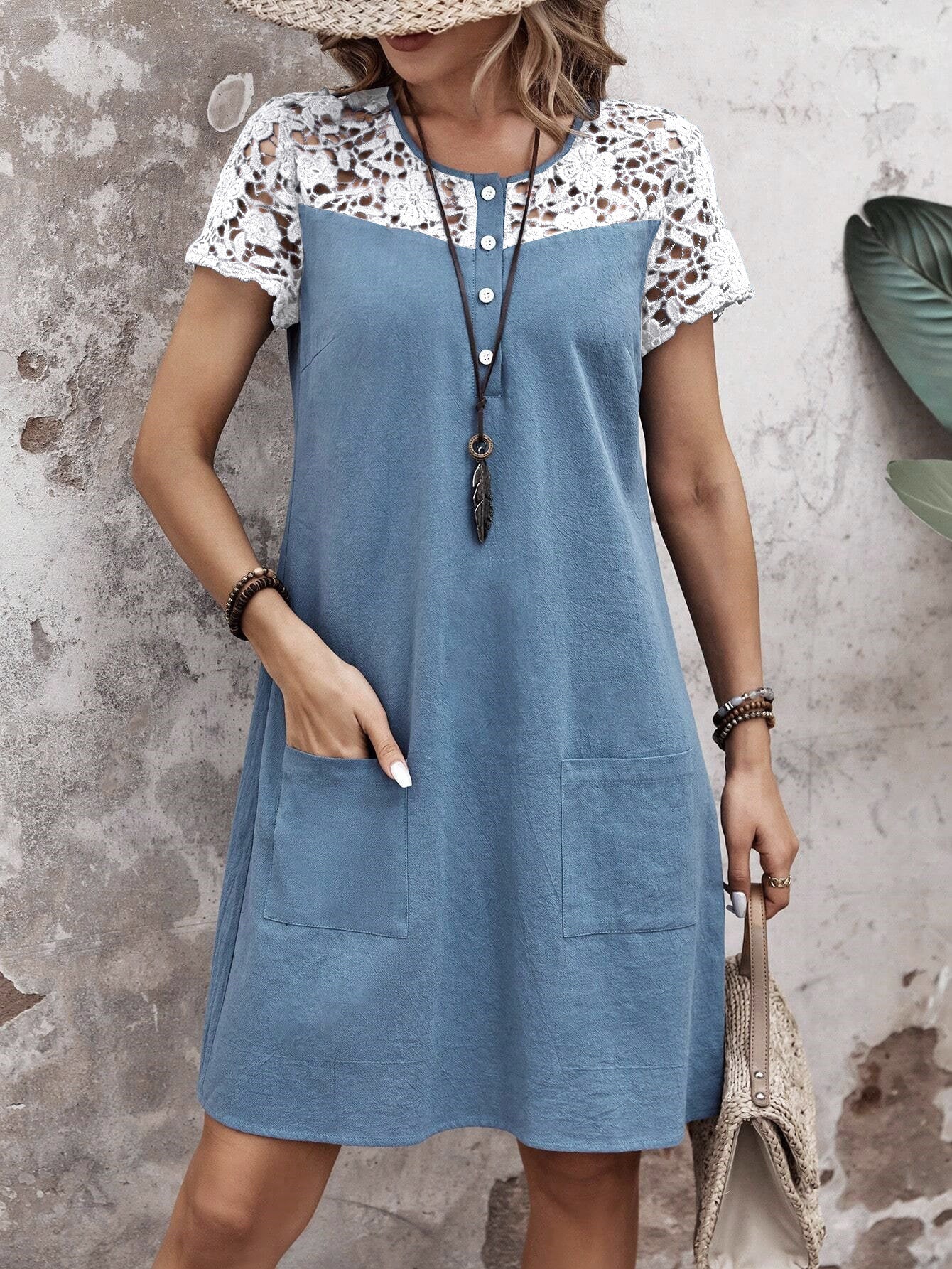 Women's Casual Loose Contrast Color Lace Patchwork Dress