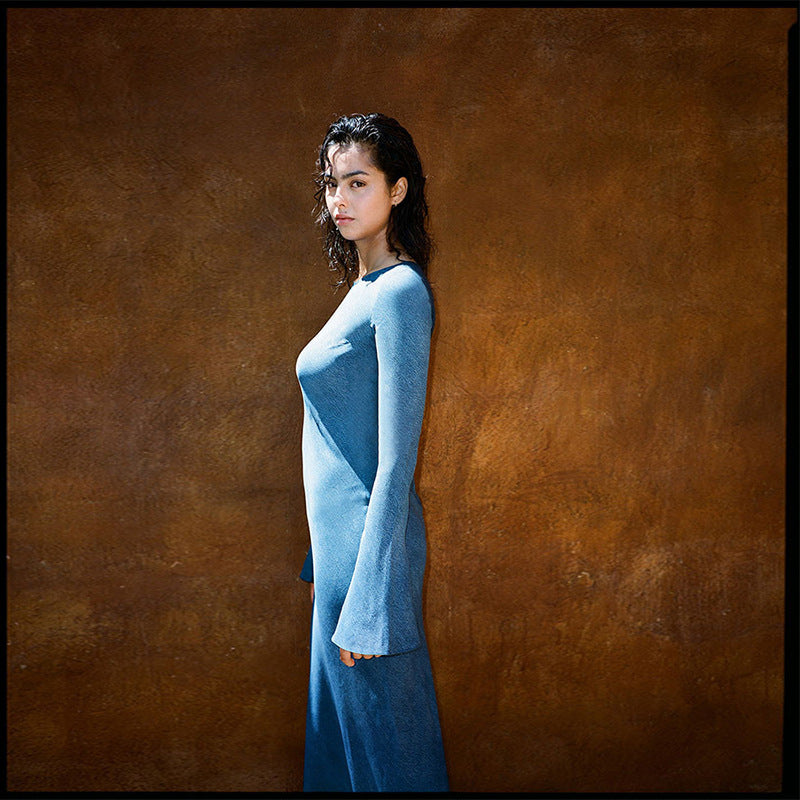 Women's Blue Sexy Silk Long Sleeve Dress Sun Protection Dresses