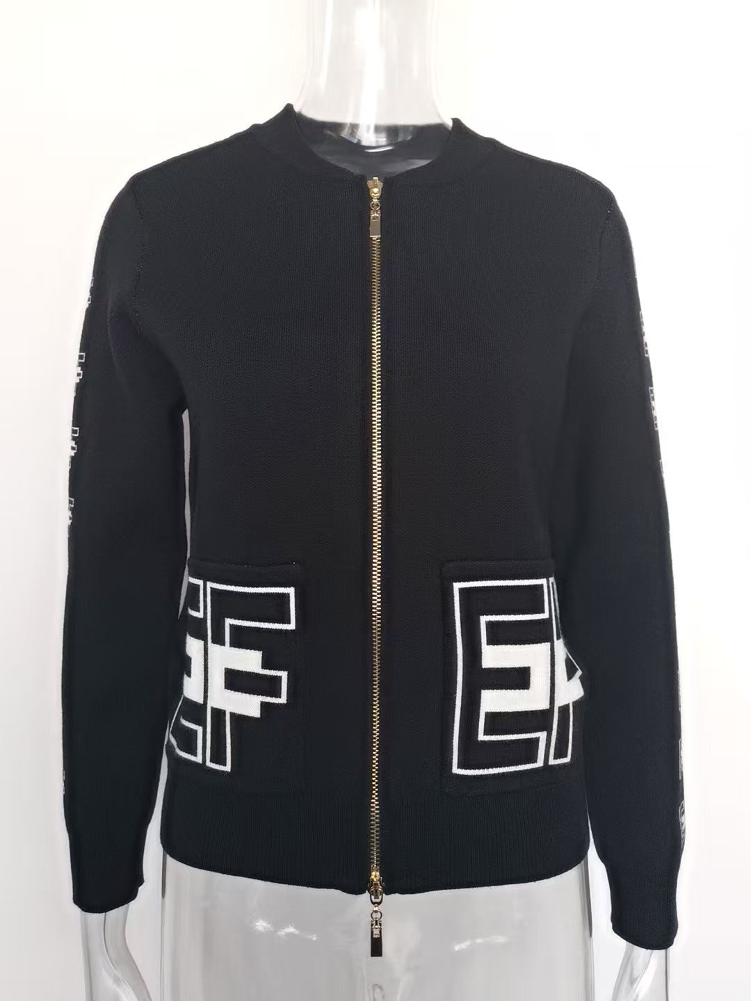 Sense Letter Zipper Black Round Neck Sweaters