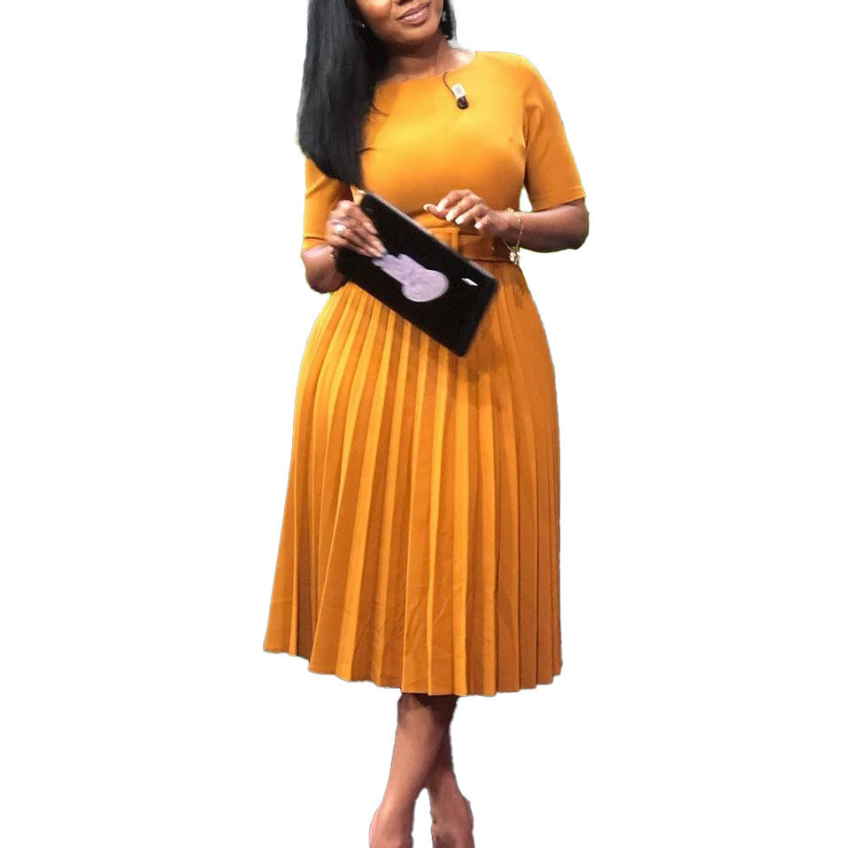 Women's Summer African Fashion Pleated Temperament Solid Color Round Neck Plus Size