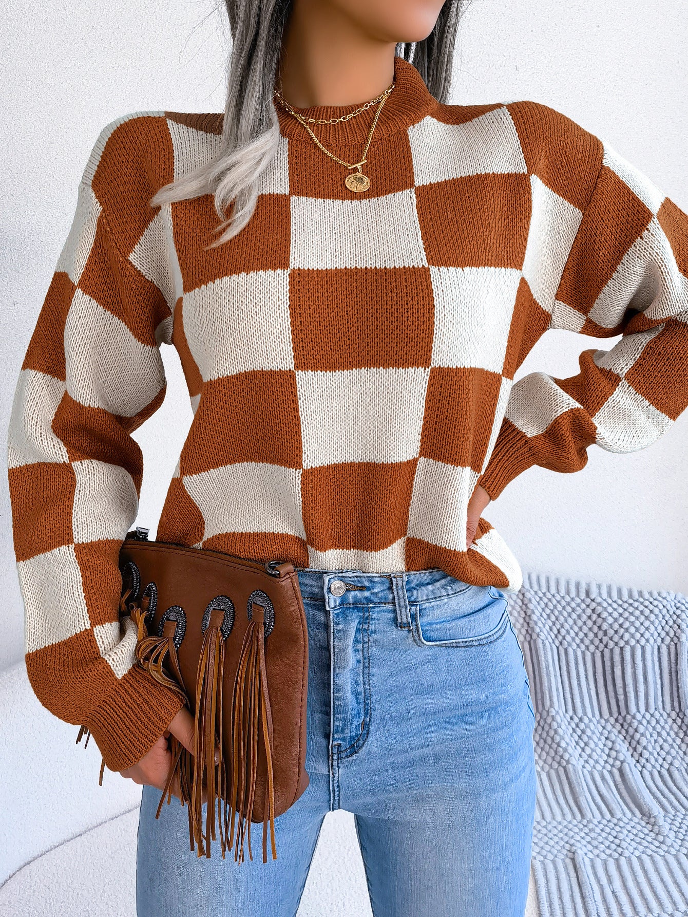 Women's Street Style Check Long Sleeve Pullover Sweater