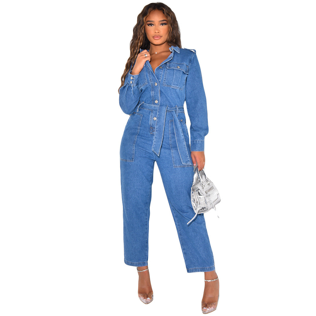 Women's Casual Sexy Pocket Cowboy Siamese Belt Jumpsuits