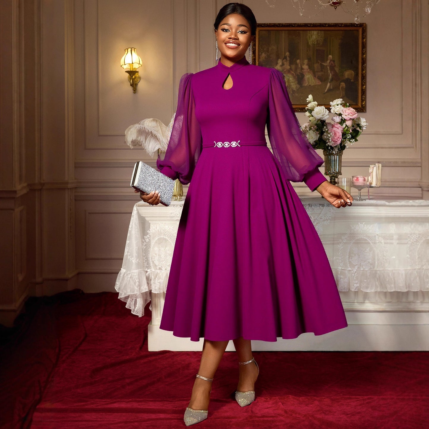 Women's Large Elegant Purple Midi Dress High Collar Dresses