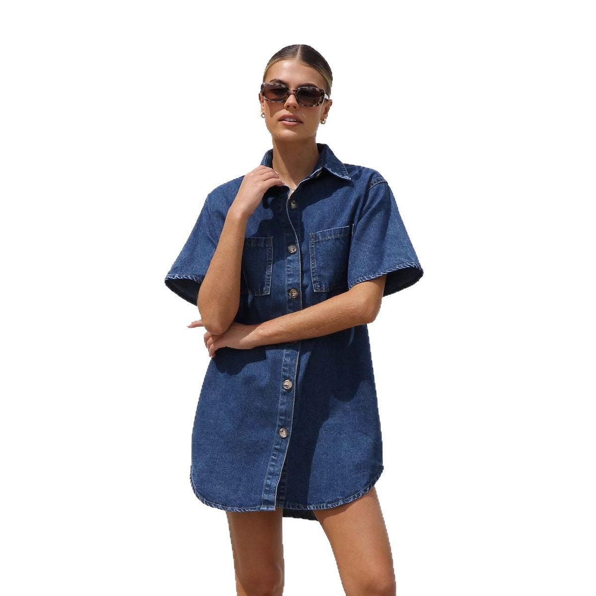 Women's Denim Short-sleeved Lapel Shirt Loose Dress Dresses