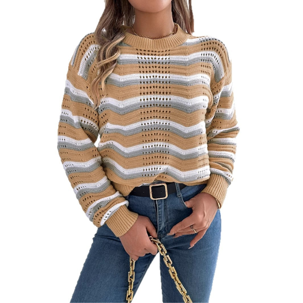 Women's Casual Spliced Striped Lantern Long Sleeve Sweater