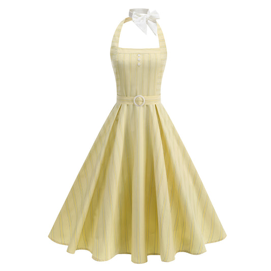 Women's Hepburn Style Striped Slim Fit Two-way Elegant Backless Sexy Dresses