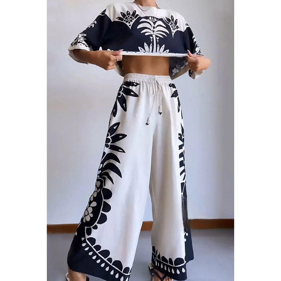 Women's Sleeve Loose Vacation Elastic Waist Two-piece Suits