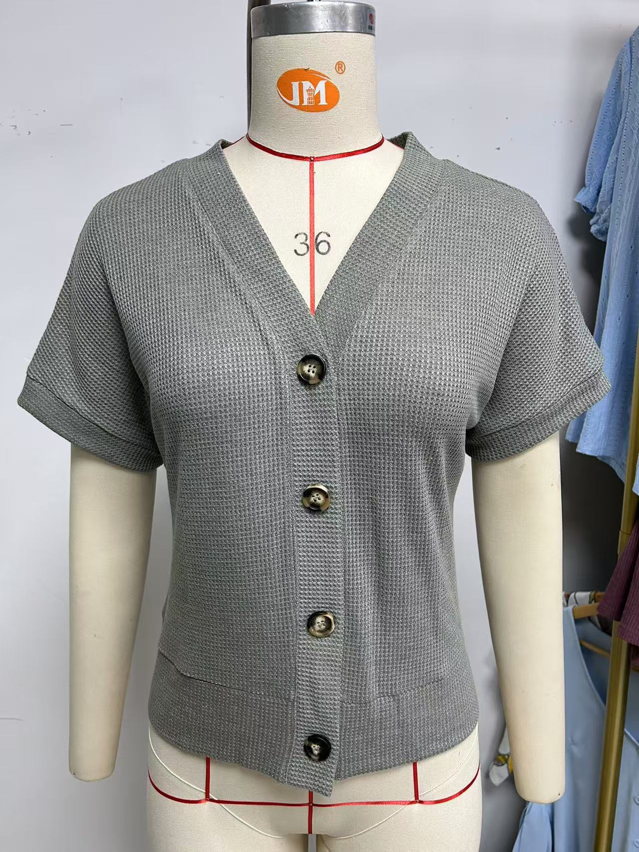 New Waffle Casual Knitted Button Sleeve Women's Sweater