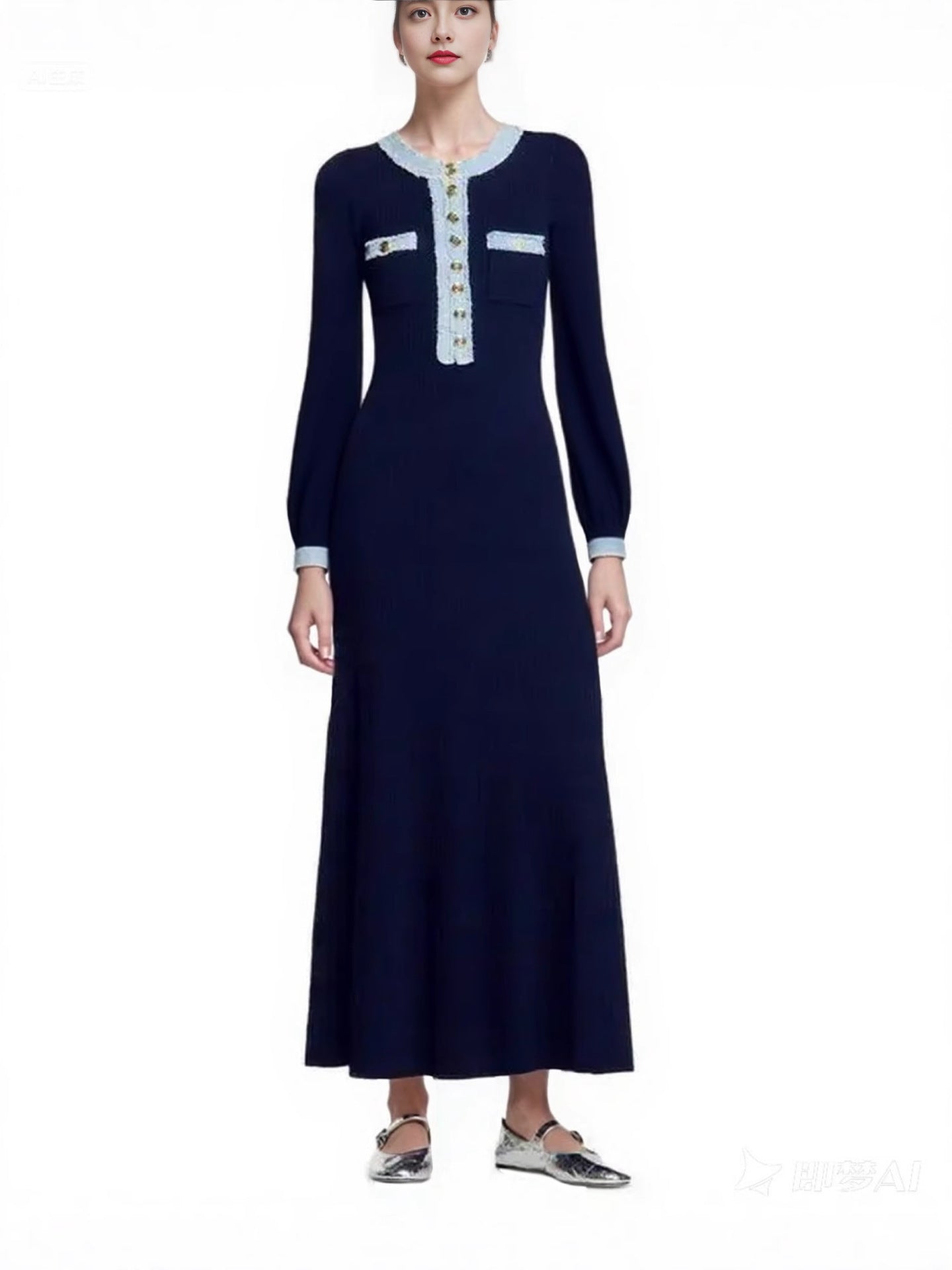 Denim Long-sleeved Knitted Simple Round Neck Slimming Dress