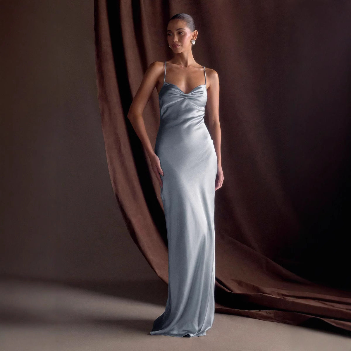 Color Satin Invisible Zipper Pleated Design Draping Sling Dress