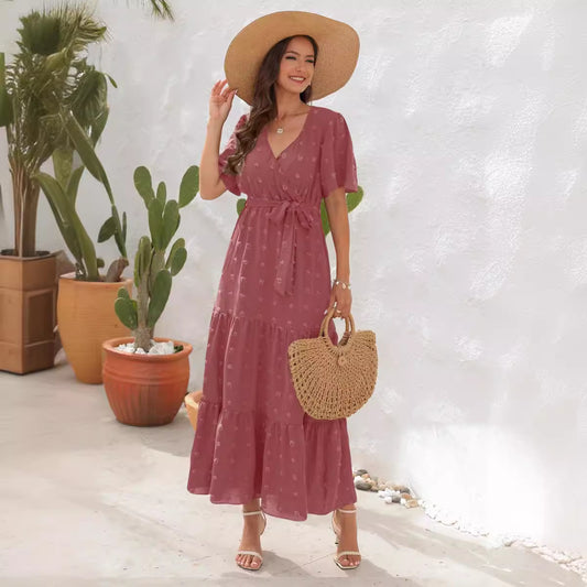Women's High Waist Fur Ball Long Sleeve Beach Dress