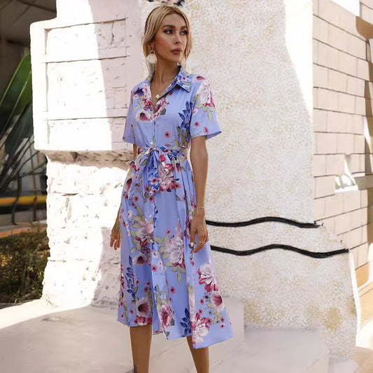 Women's European Goods Summer Waist Single-breasted Printed Dresses