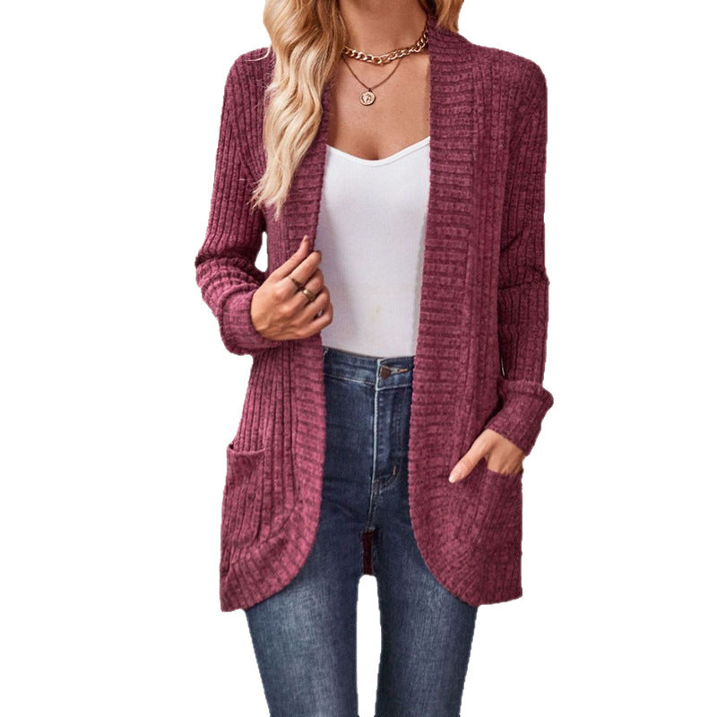 Sleeve Solid Color Rib Fabric Brushed Stitching Women's Sweater