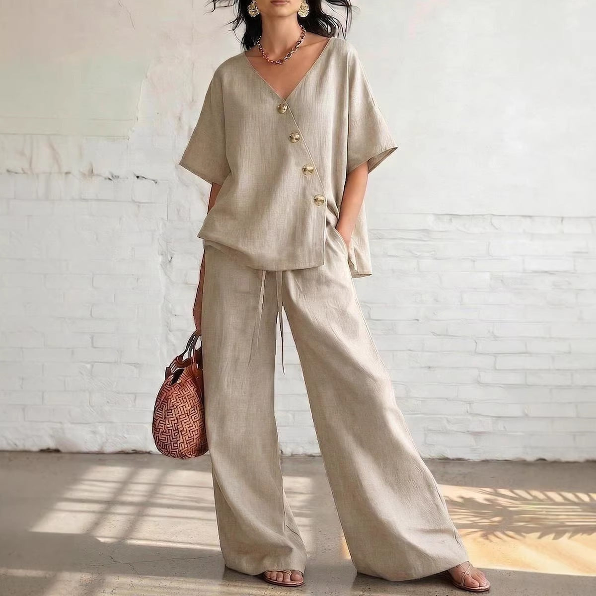 Women's Solid Color Loose Short-sleeved Drawstring Trousers Suits